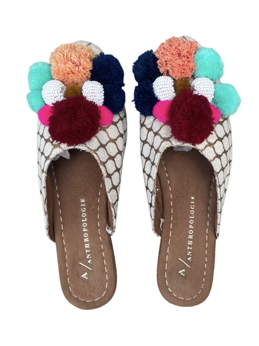 Anthropologie Figue Iris Pom Pom Mules Slides Diamond Ikat EUC Sz 6
